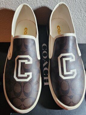 Coach Men’s 13D Brown Signature Canvas Varsity C Logo Slip-On Sneakers